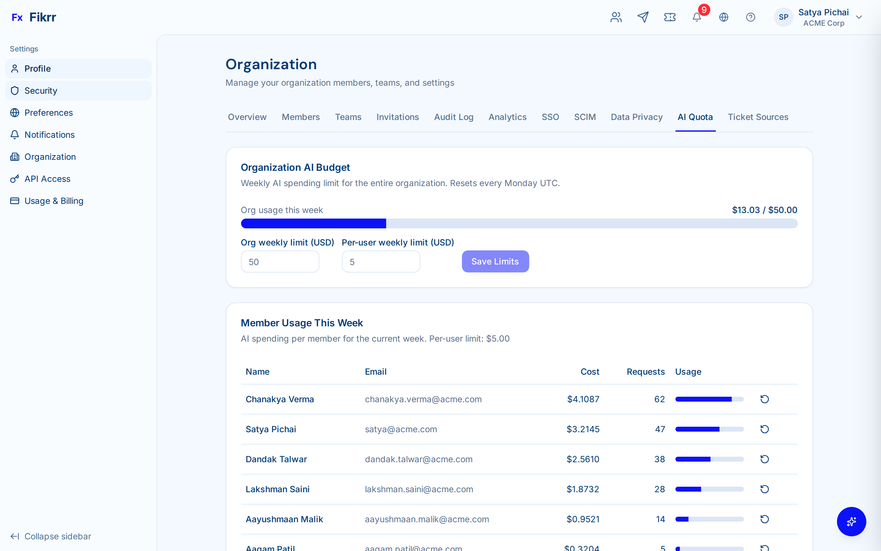 AI agent panel with contextual suggestions — AI usage & quotas
