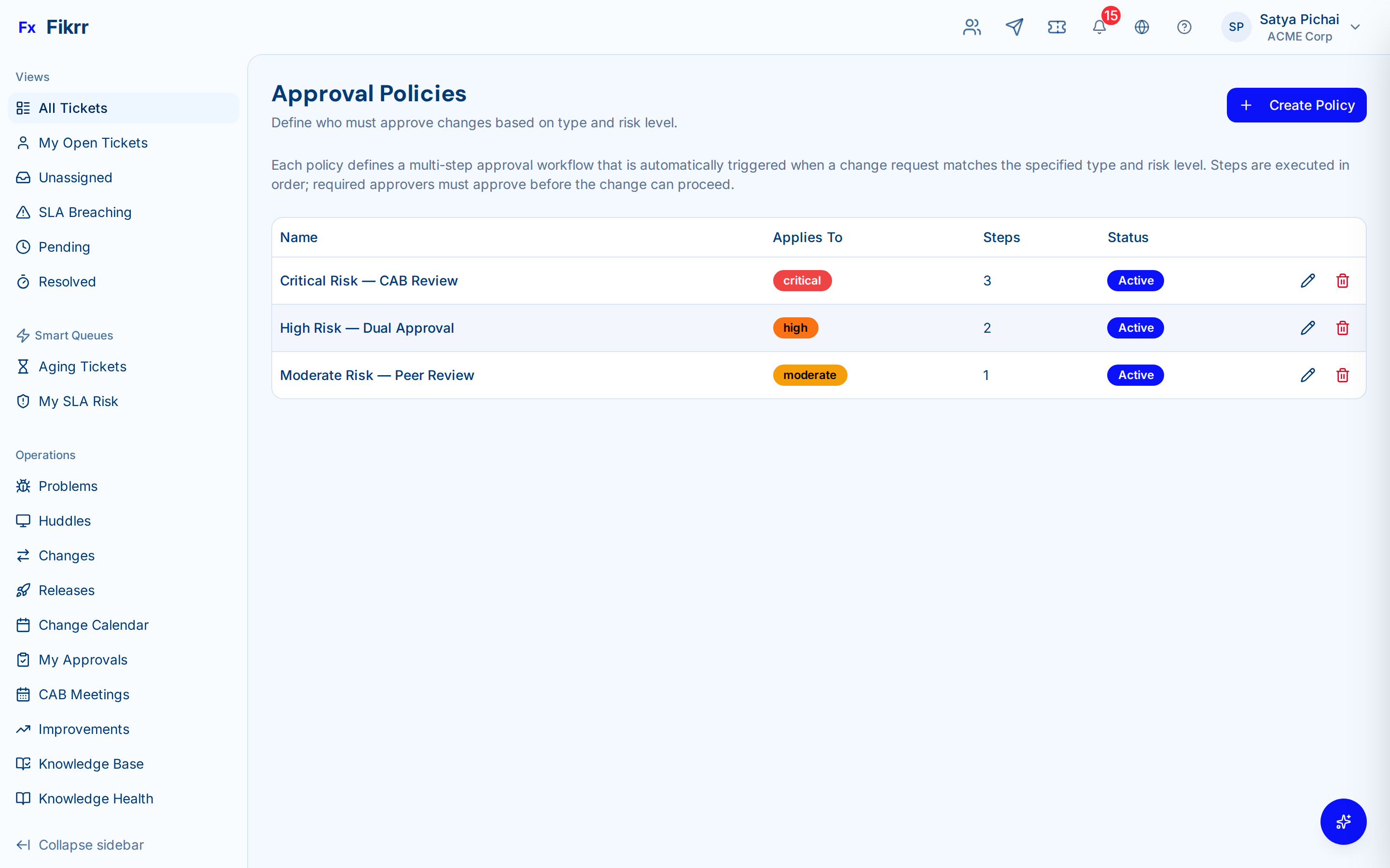 Change management with approval workflow and CAB meeting — Approval policies