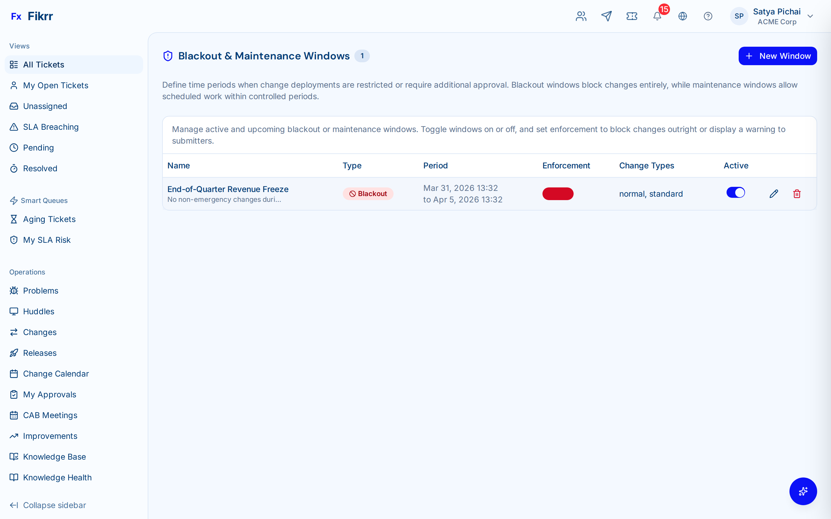 Change management with approval workflow and CAB meeting — Blackout windows