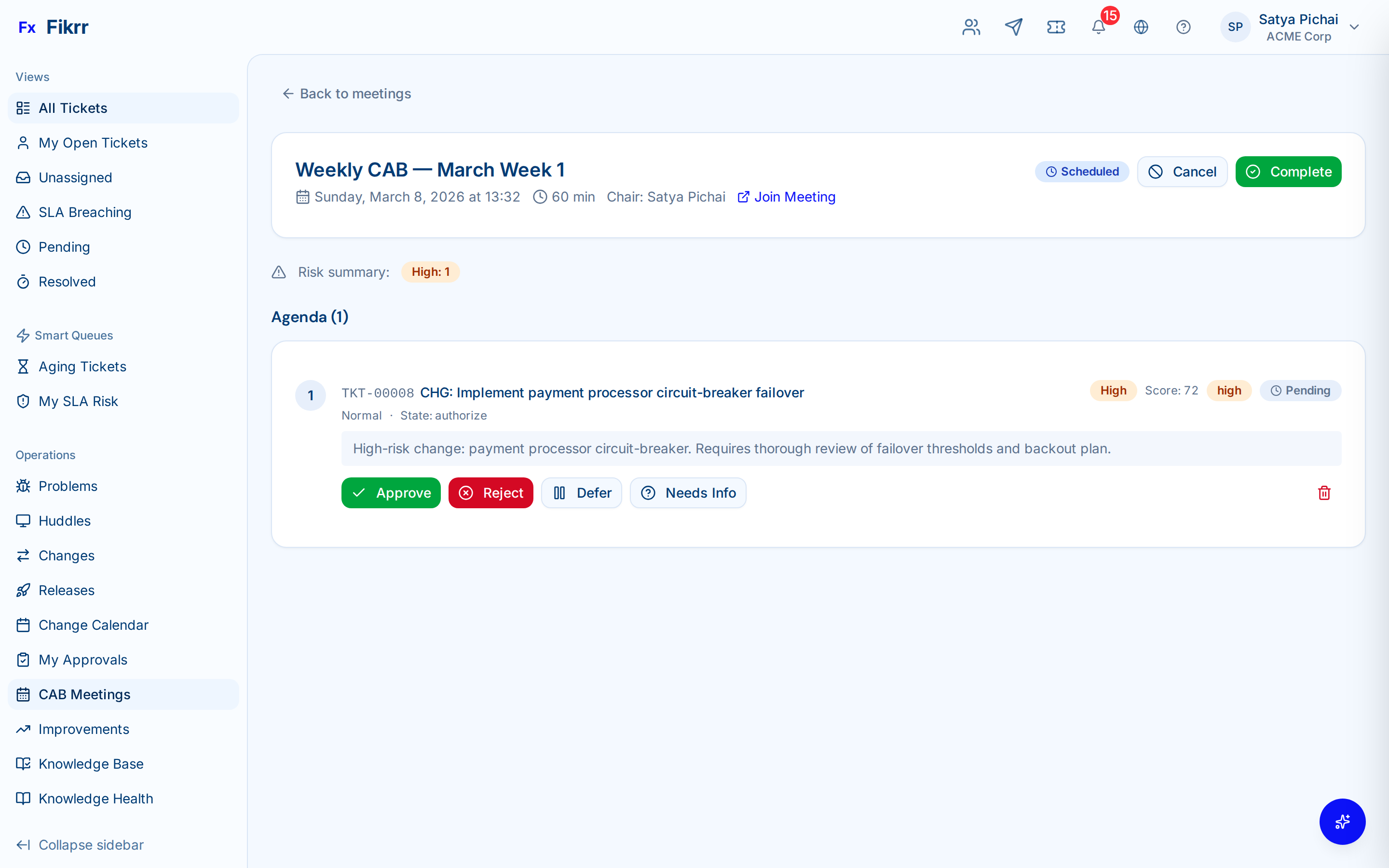 Change management with approval workflow and CAB meeting — CAB meeting