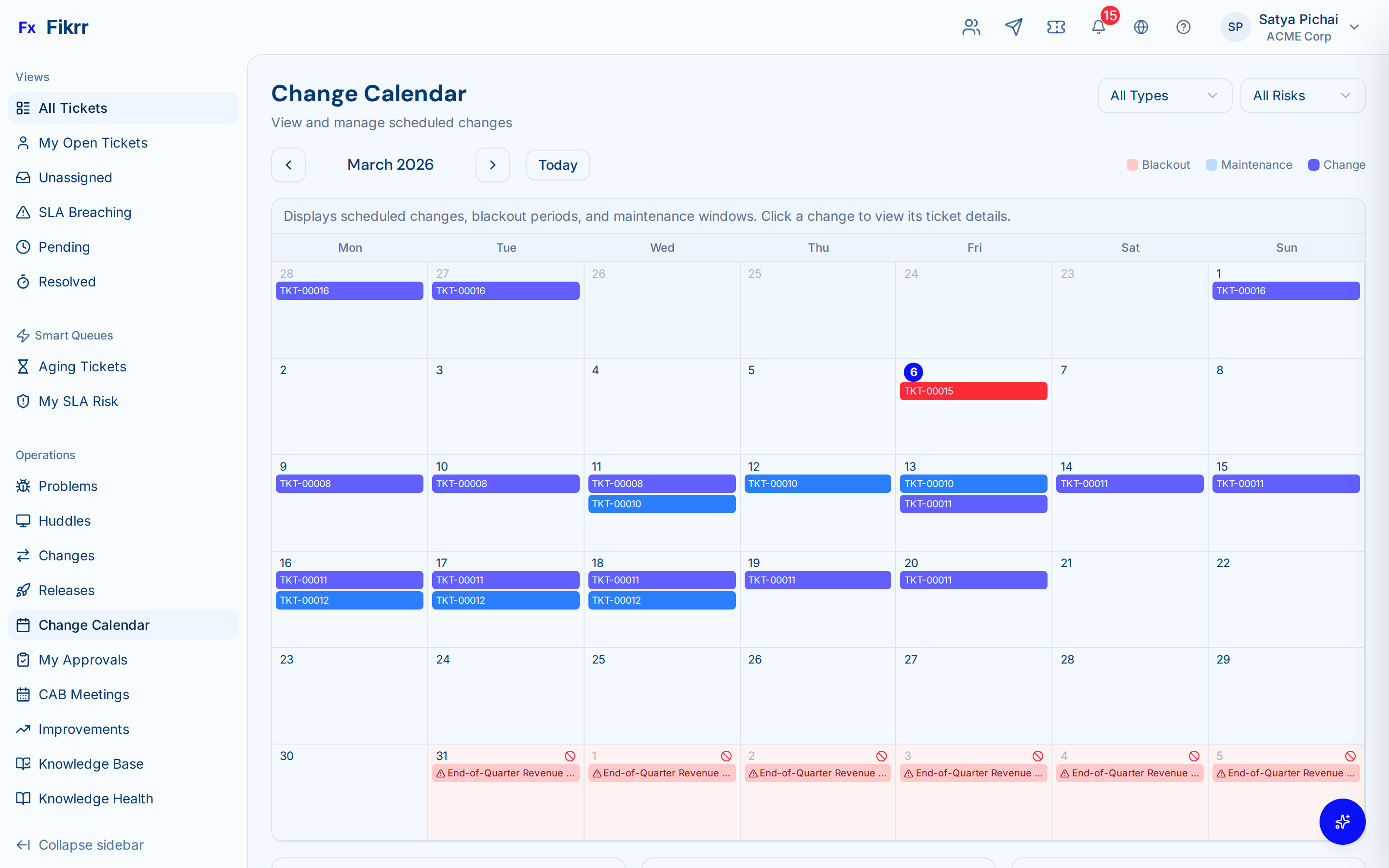Change management with approval workflow and CAB meeting — Change calendar