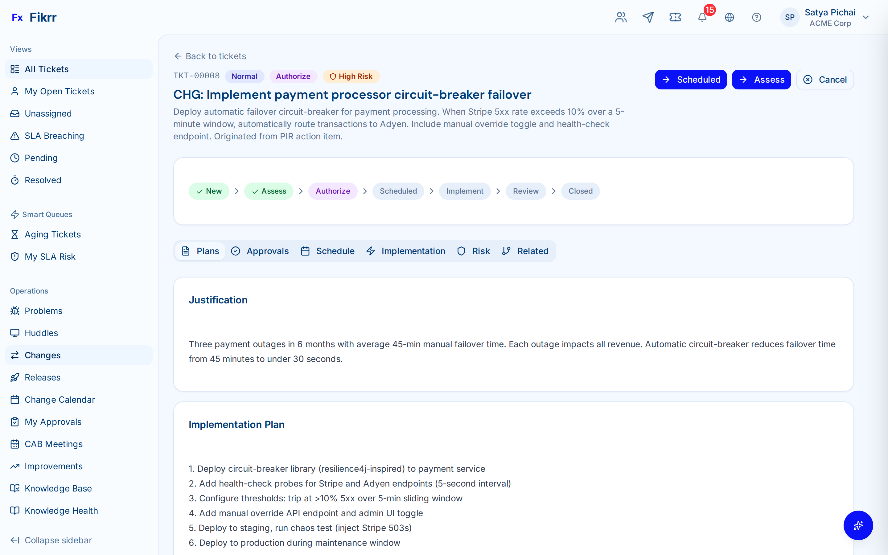 Change management with approval workflow and CAB meeting — Change detail