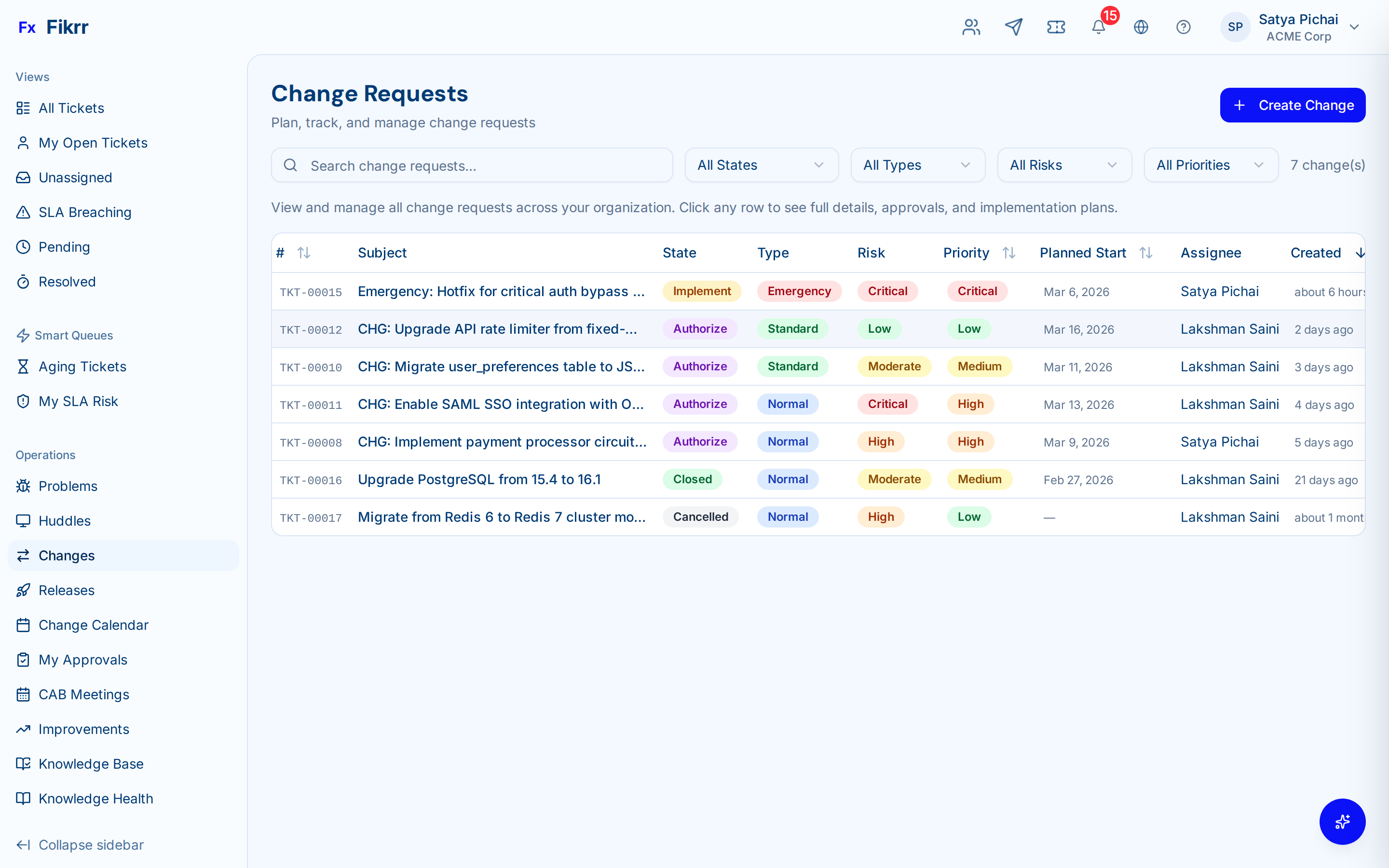 Change management with approval workflow and CAB meeting — Change requests