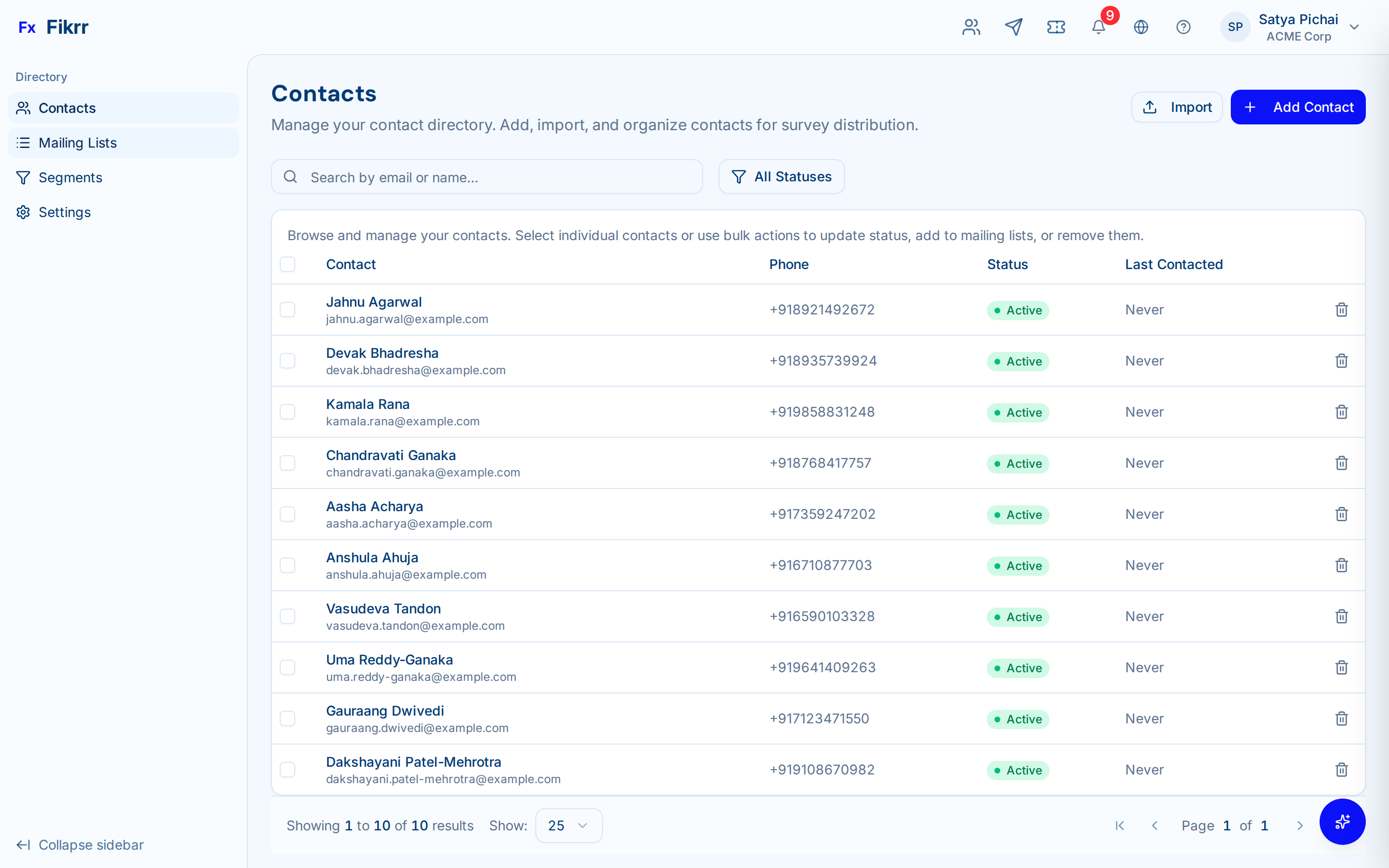 Contact directory with segments and mailing lists — Contact directory