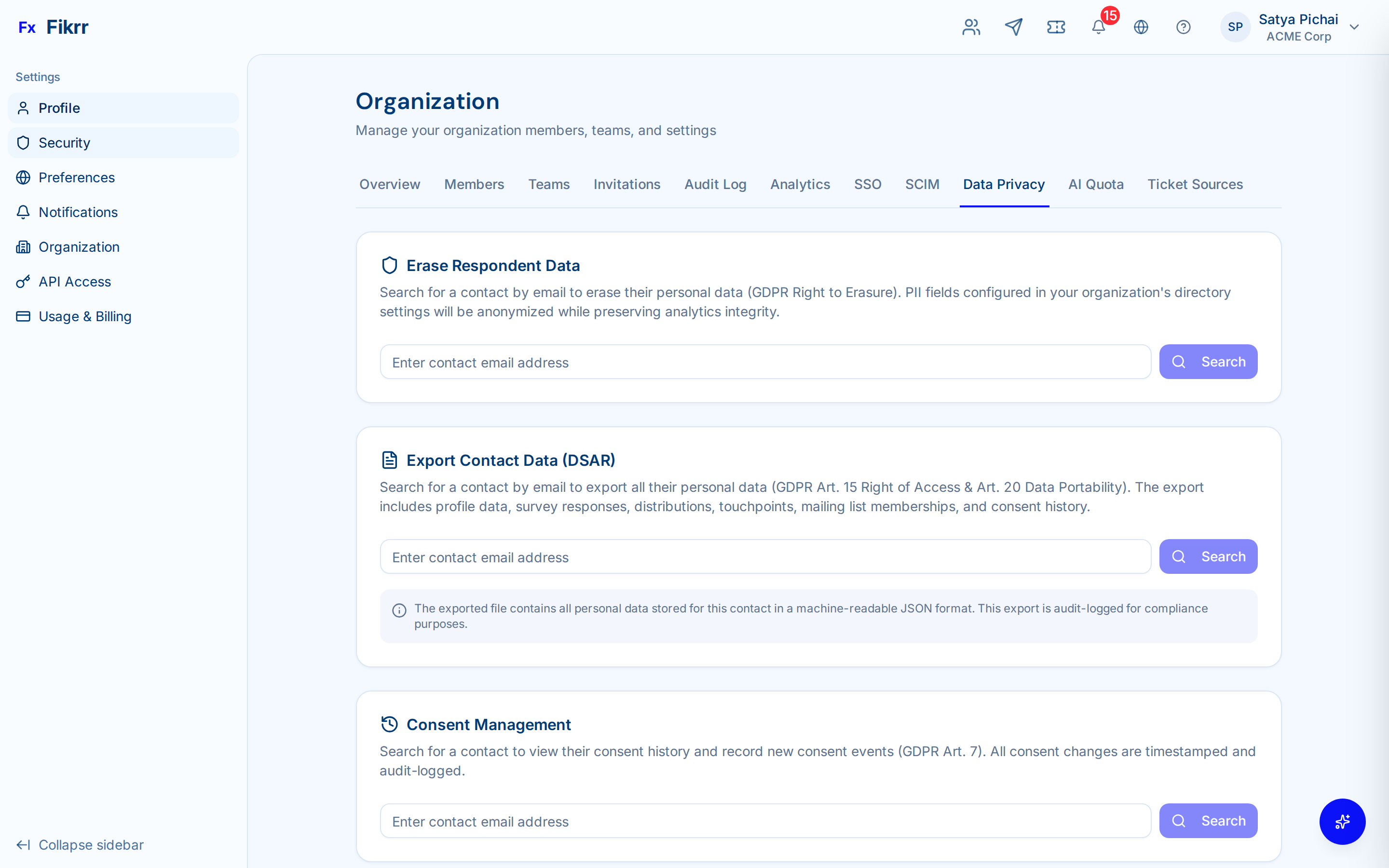 GDPR compliance dashboard with erasure requests — Data privacy settings