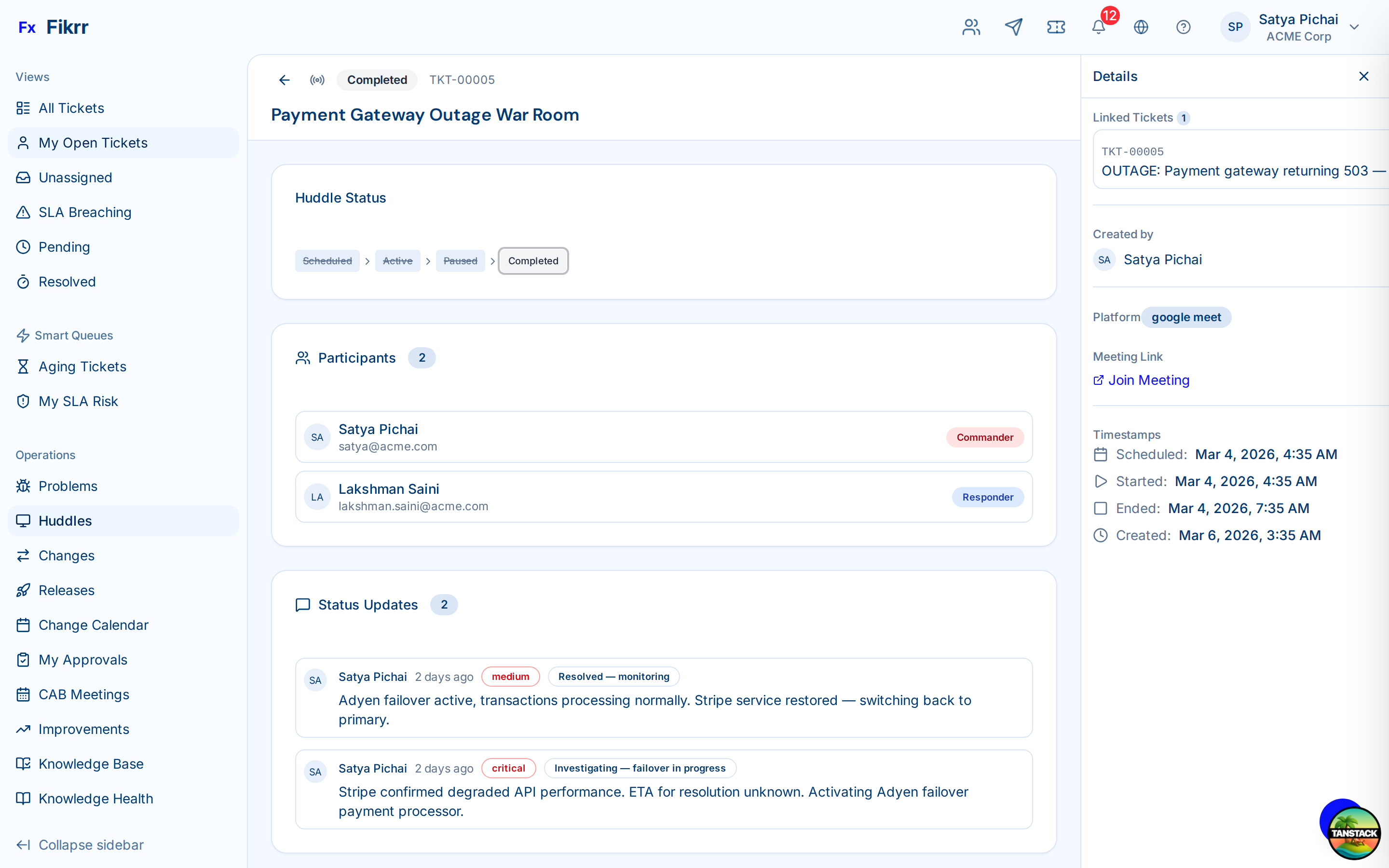 Huddle board interface for team alignment and operational tracking