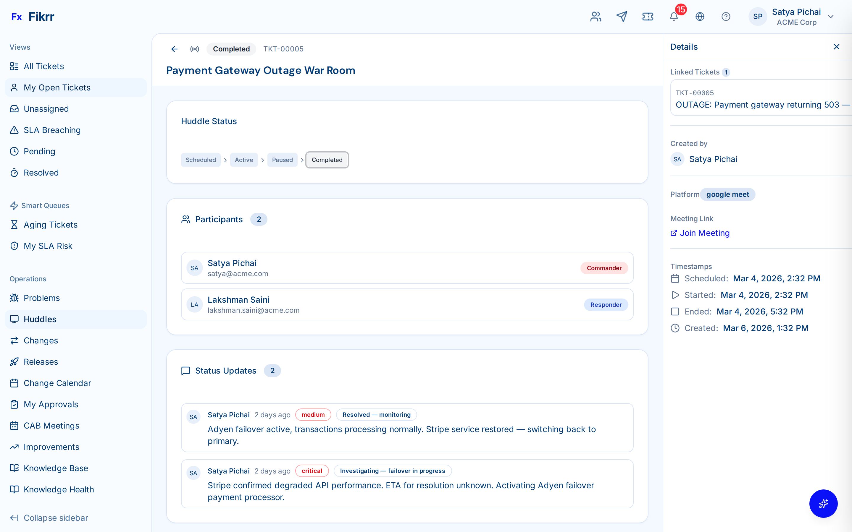 Huddle war room with participants and action items — Huddle war room