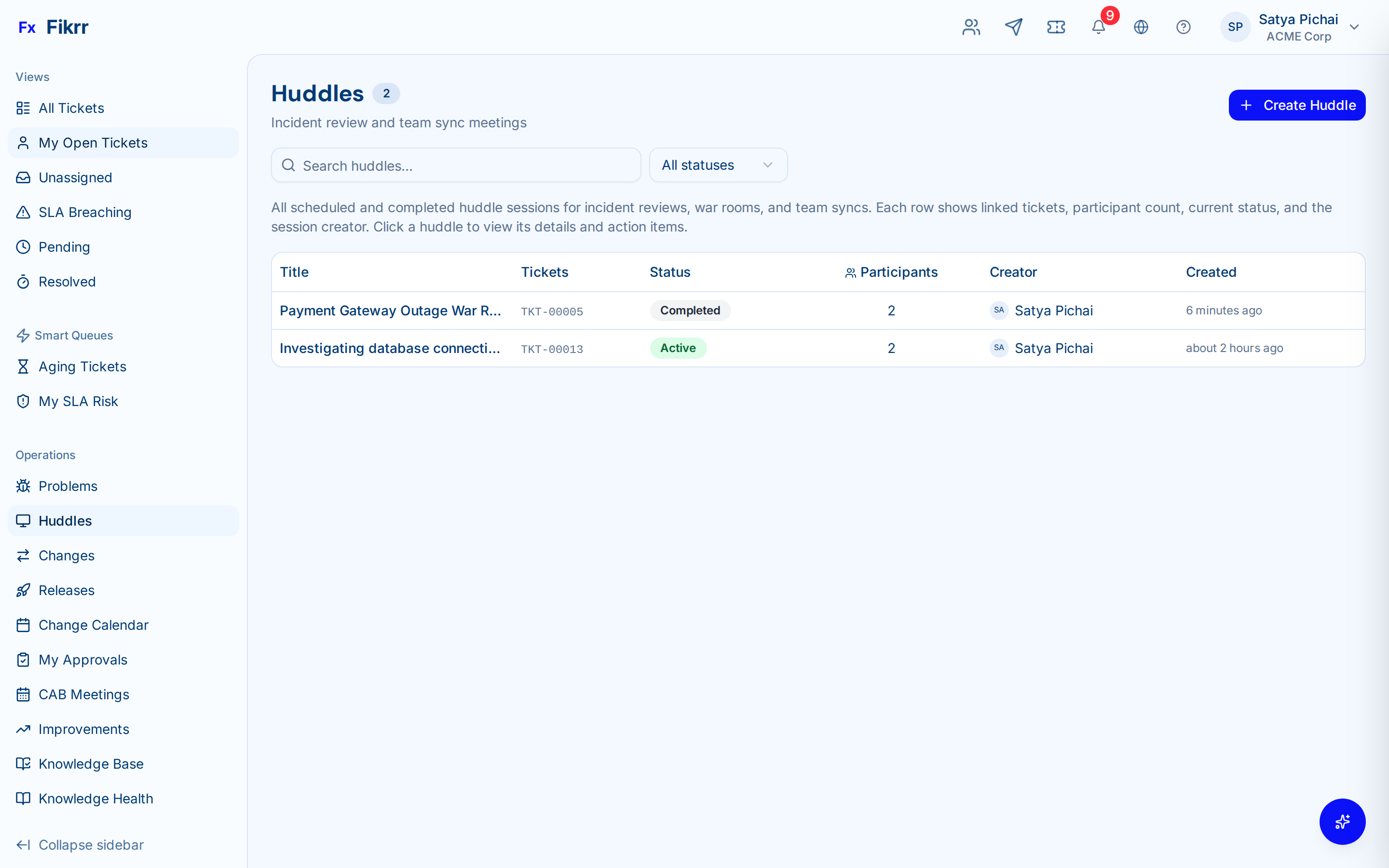 Huddle war room with participants and action items — Huddle list