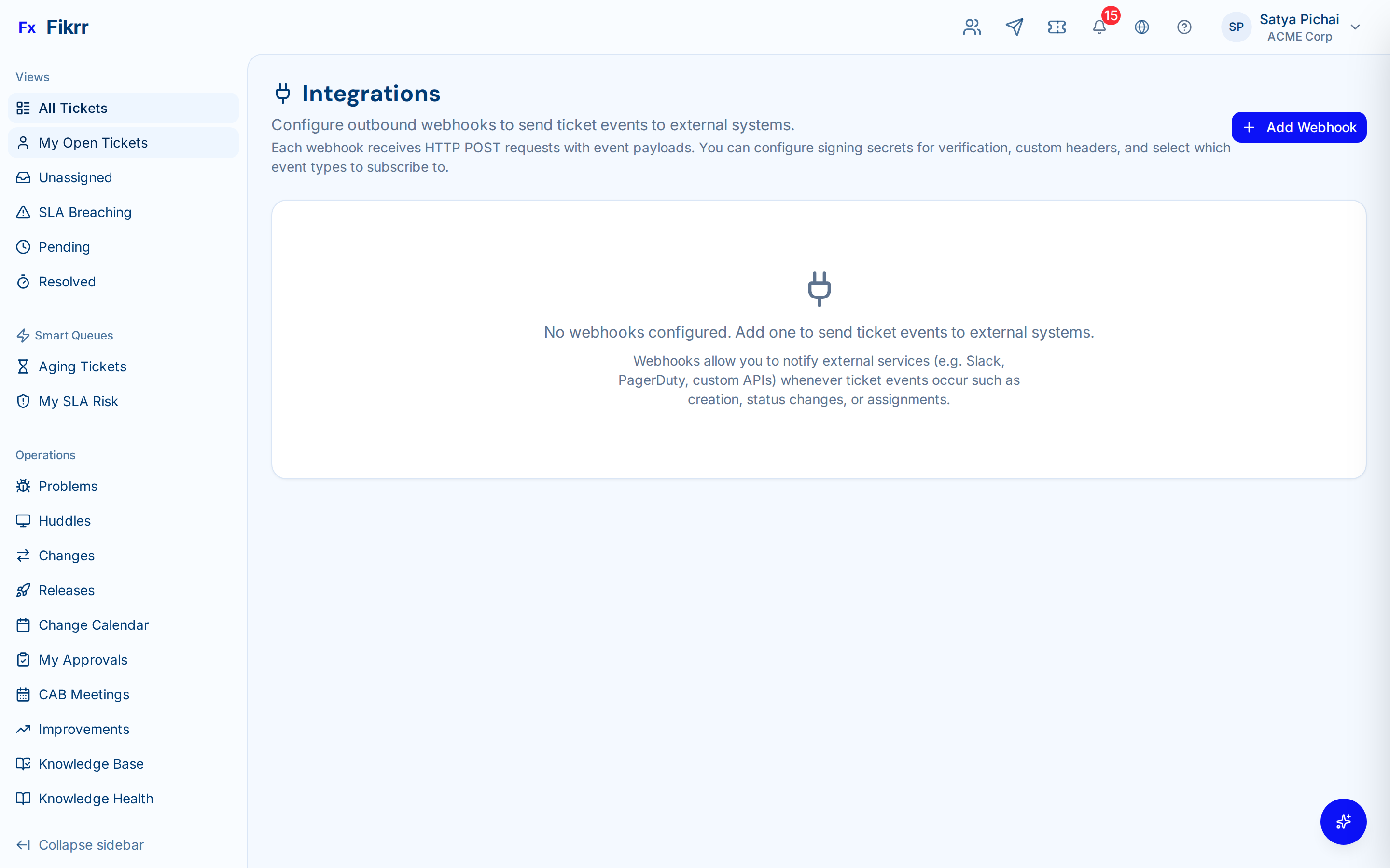 API documentation and webhook configuration — Ticket webhooks