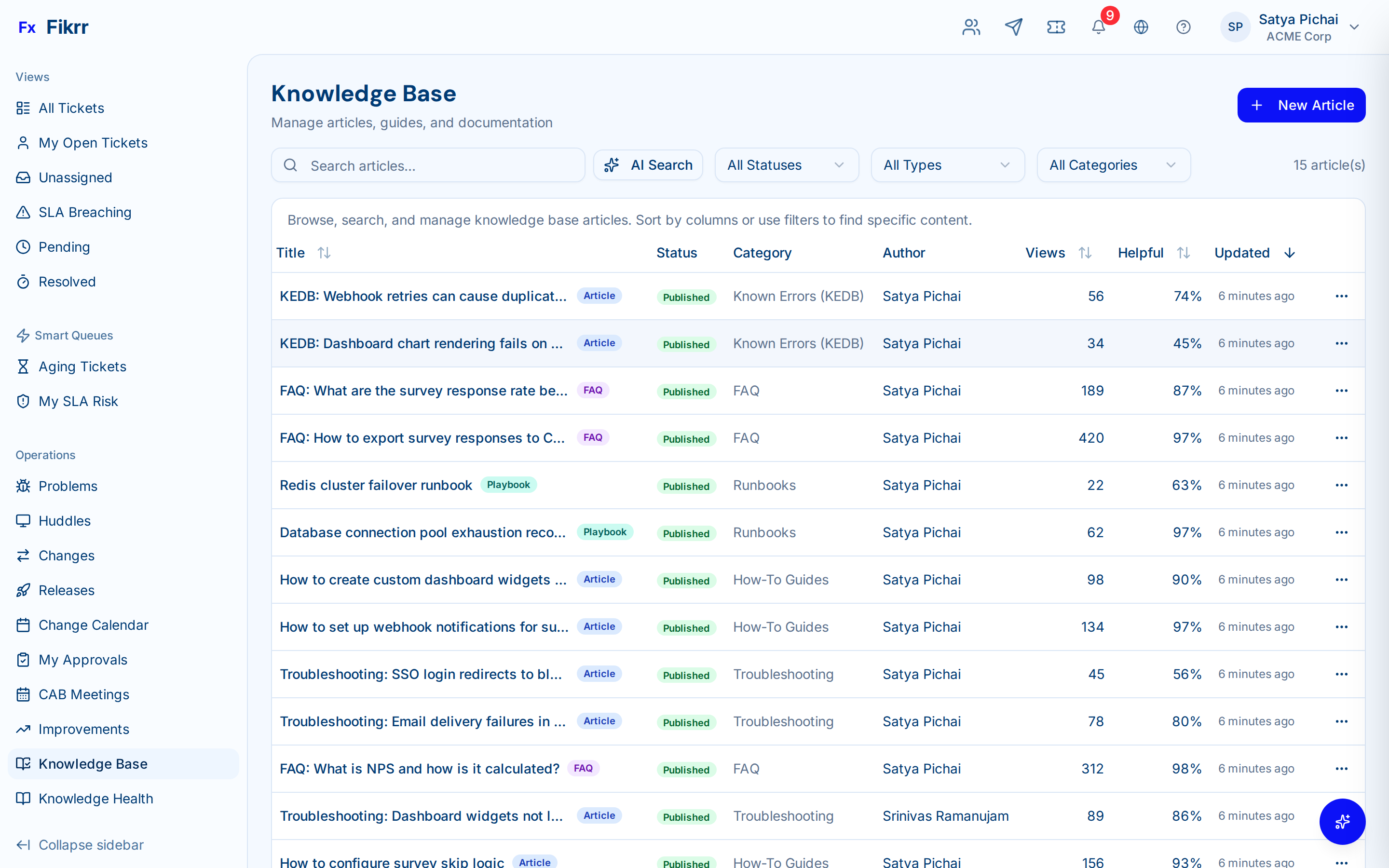 Knowledge base with articles and AI suggestions — Article list