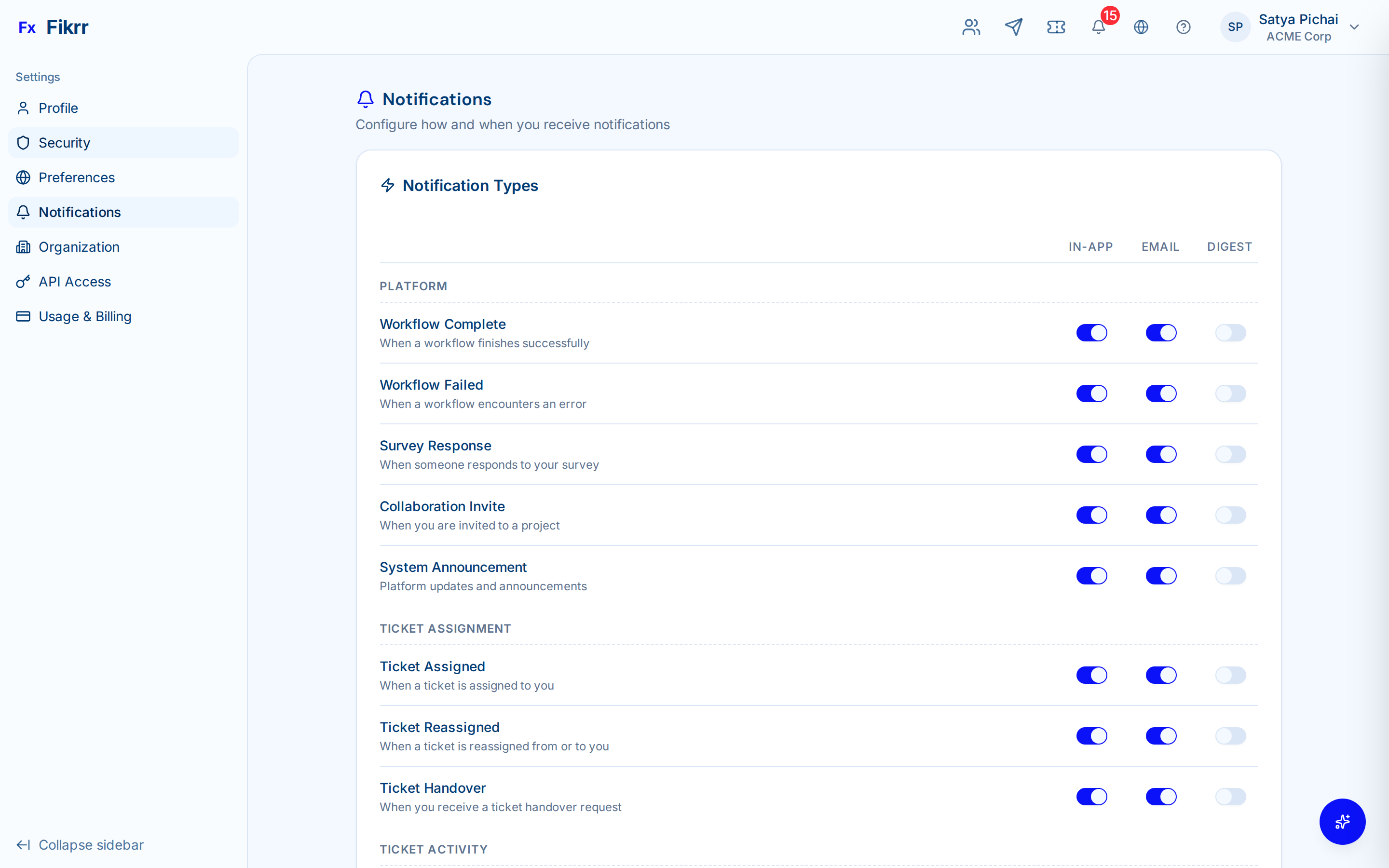 Notification center with filters — Notification preferences