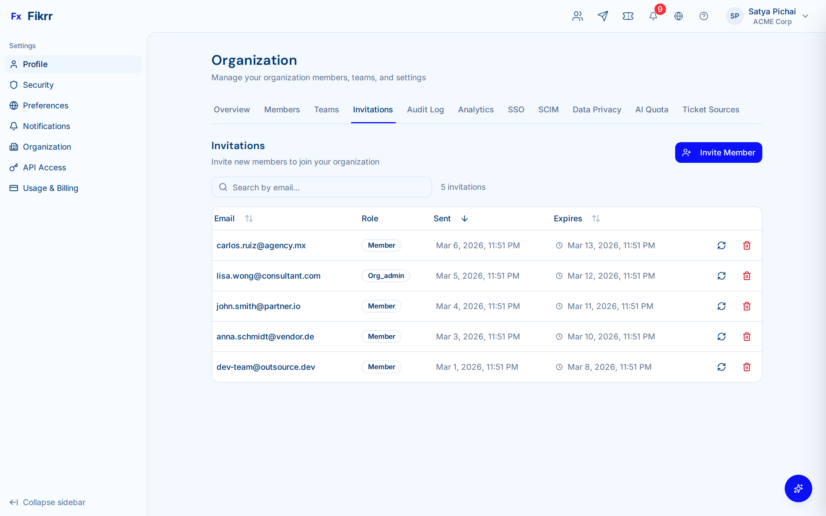 Organization management and team structure — Invitations