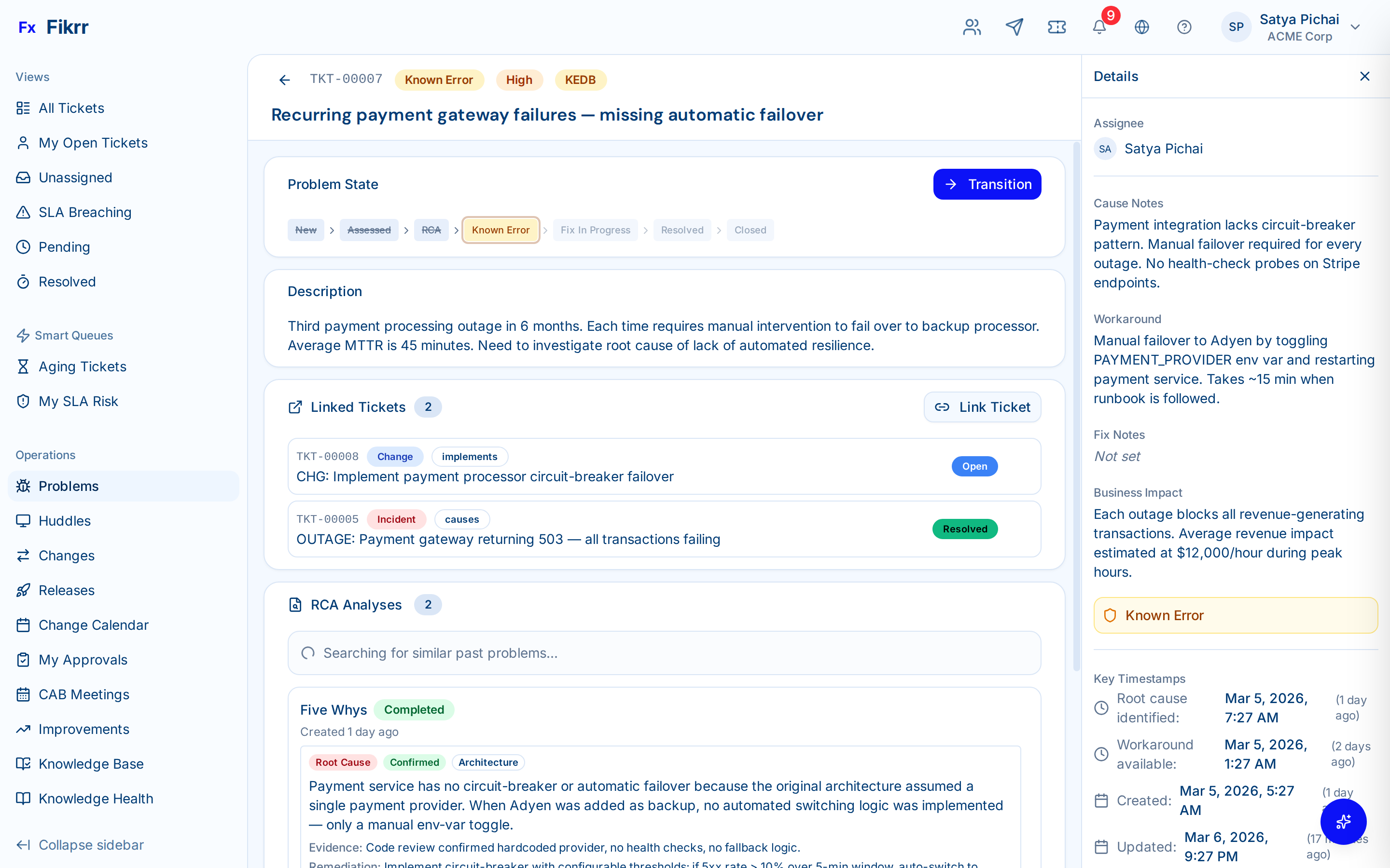 Problem management with linked incidents and RCA — Problem detail