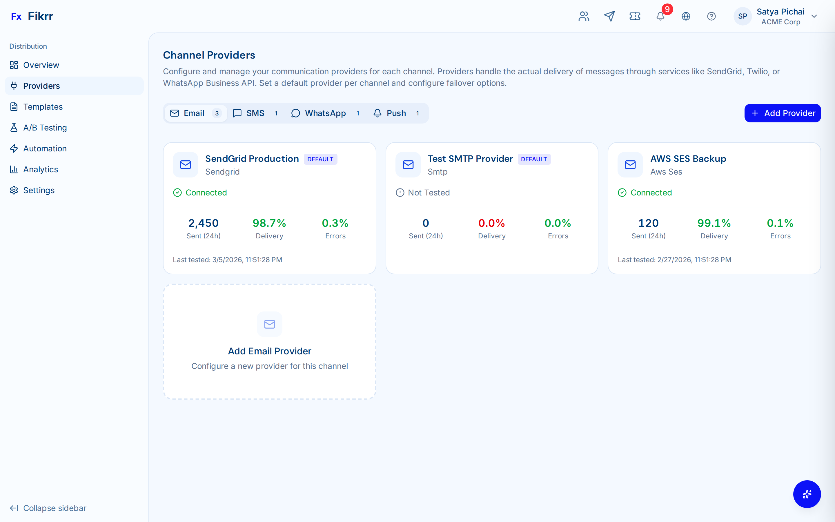 Channel provider configuration panel — Provider configuration