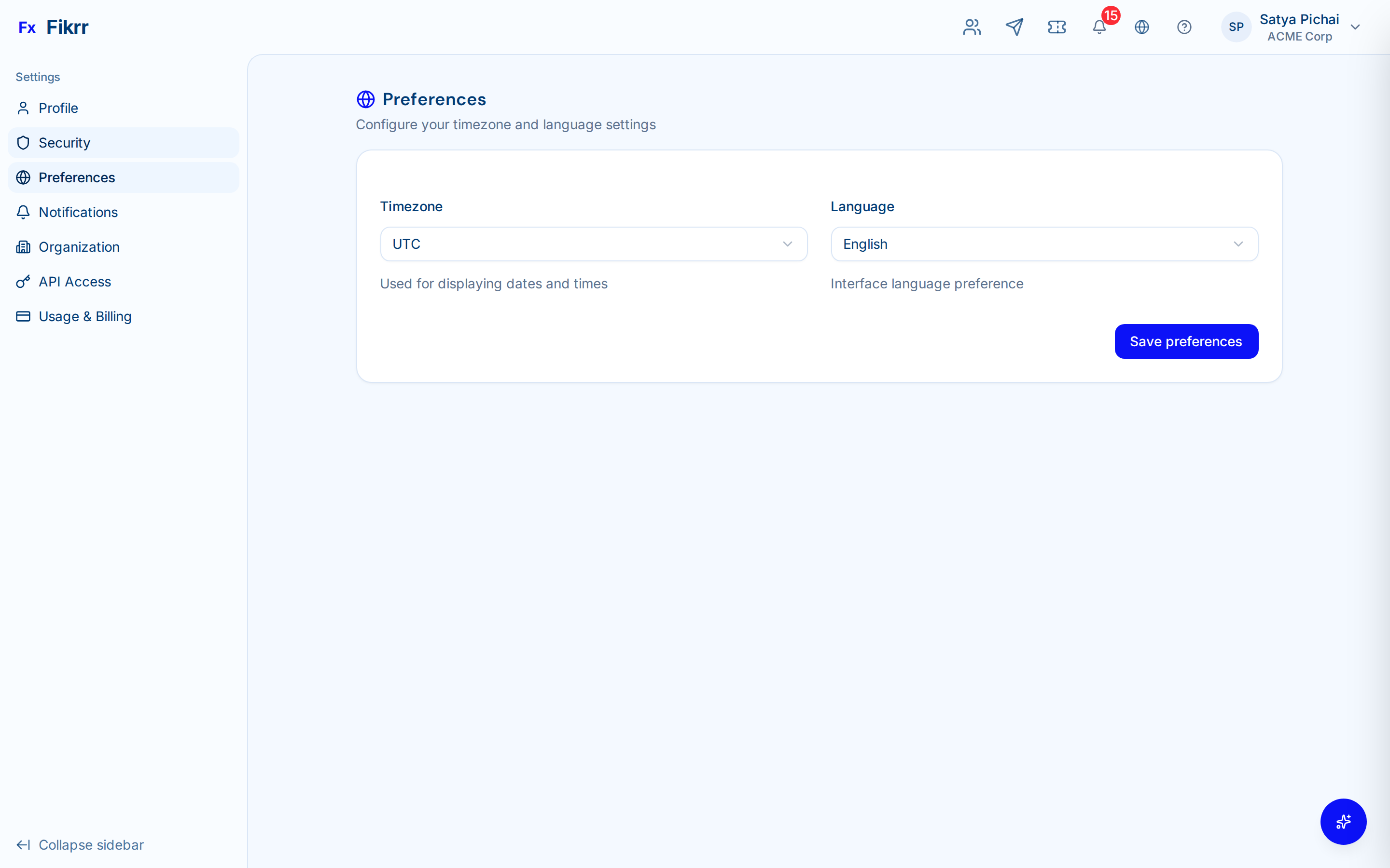 User settings with profile and security options — Preferences
