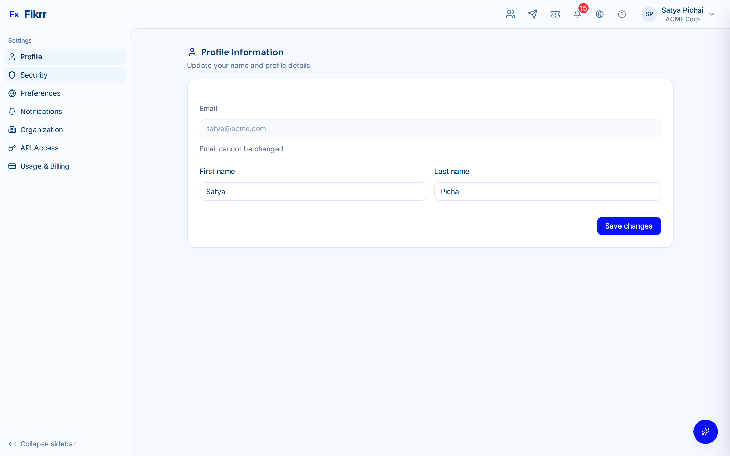 User settings with profile and security options — Profile settings