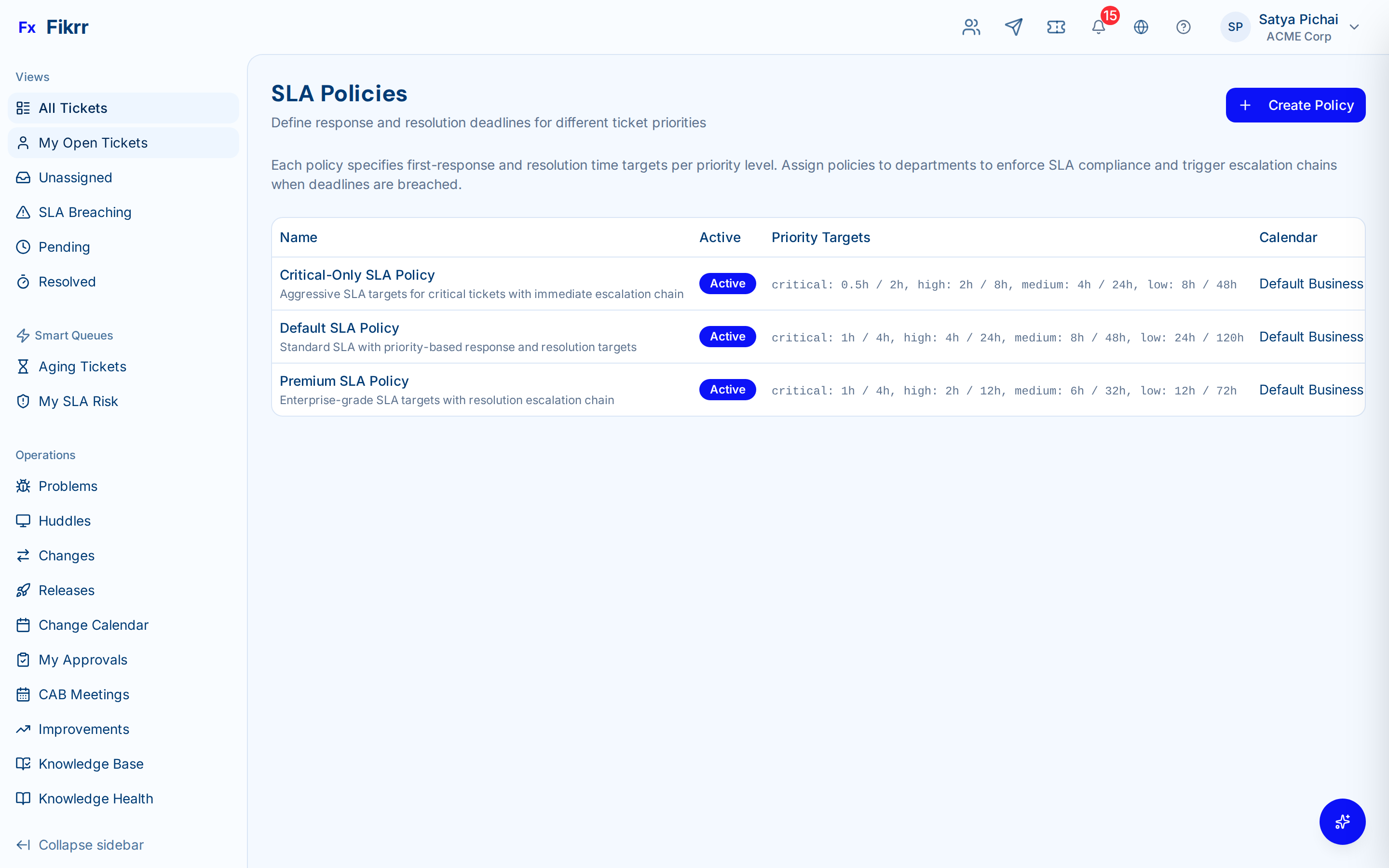 SLA policy configuration with business calendar — SLA policies
