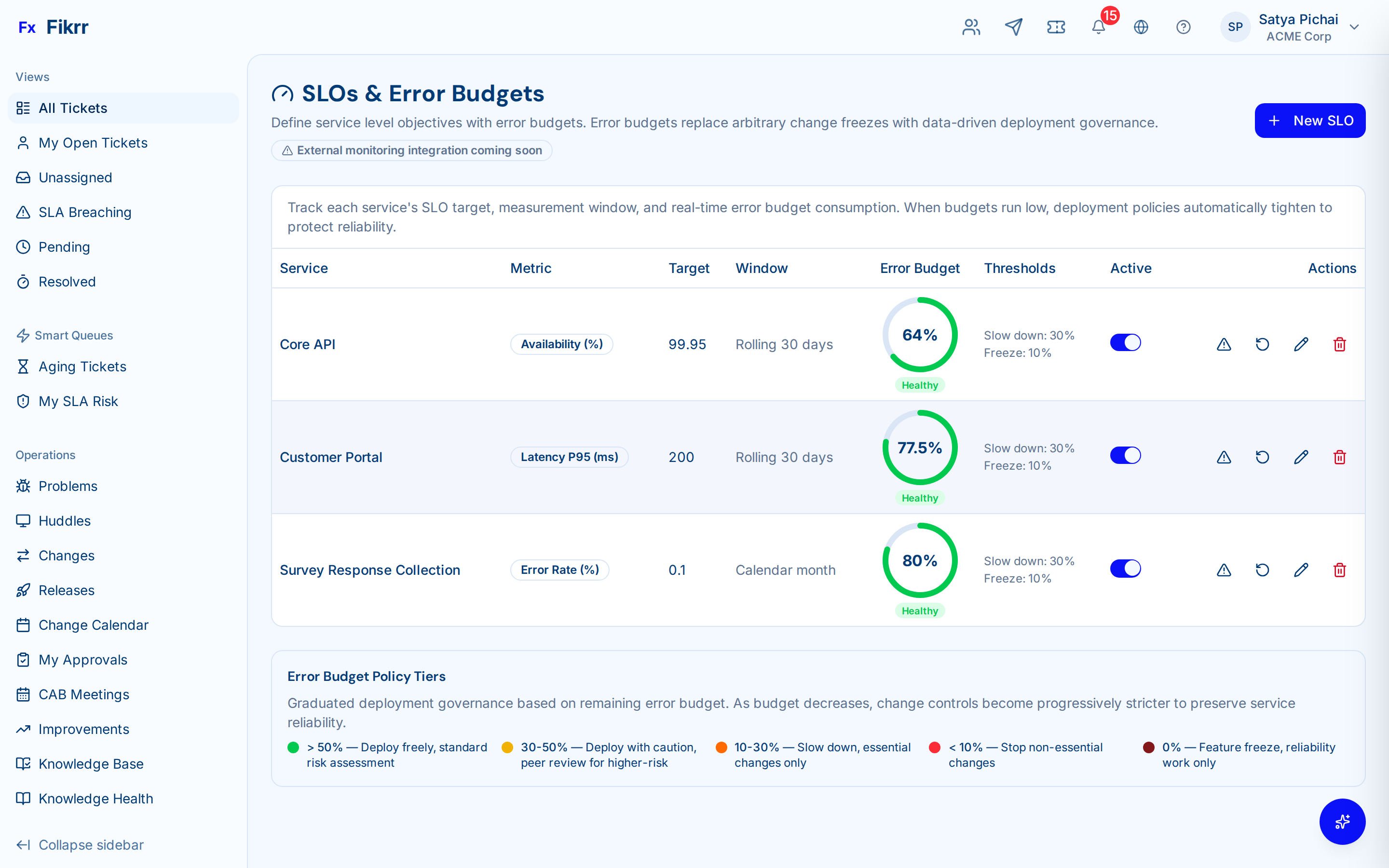 Service health dashboard with SLO tracking — SLO configuration