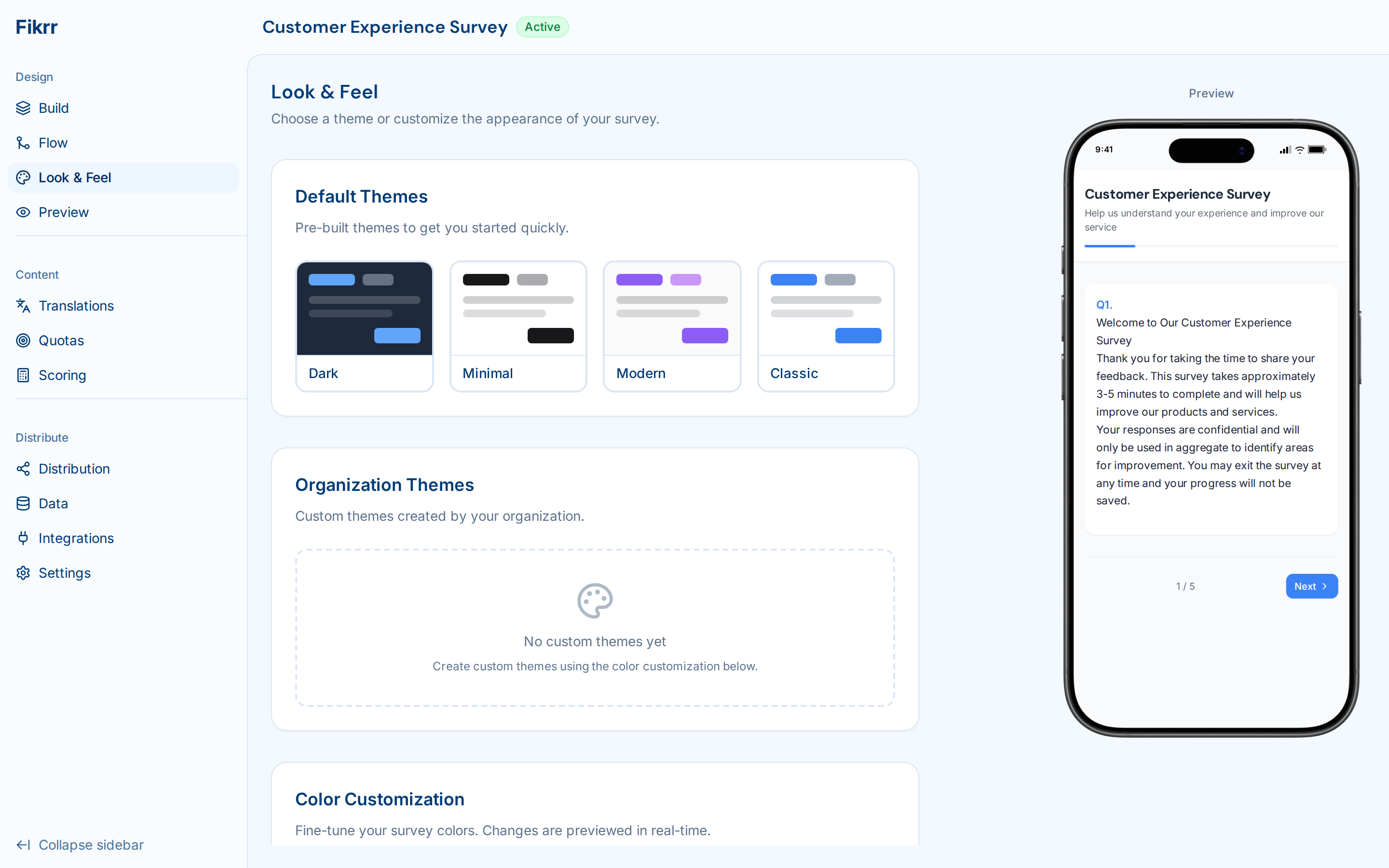 Survey builder with question types and logic — Themes & styling