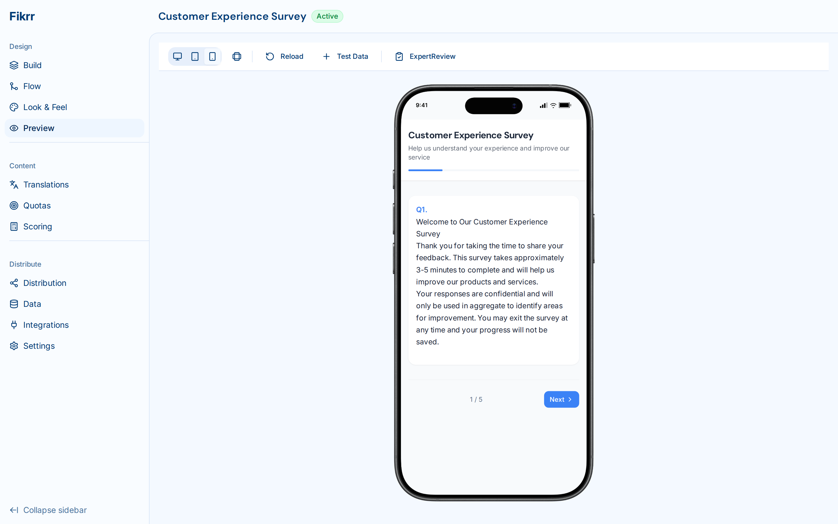 Survey builder with question types and logic — Mobile preview