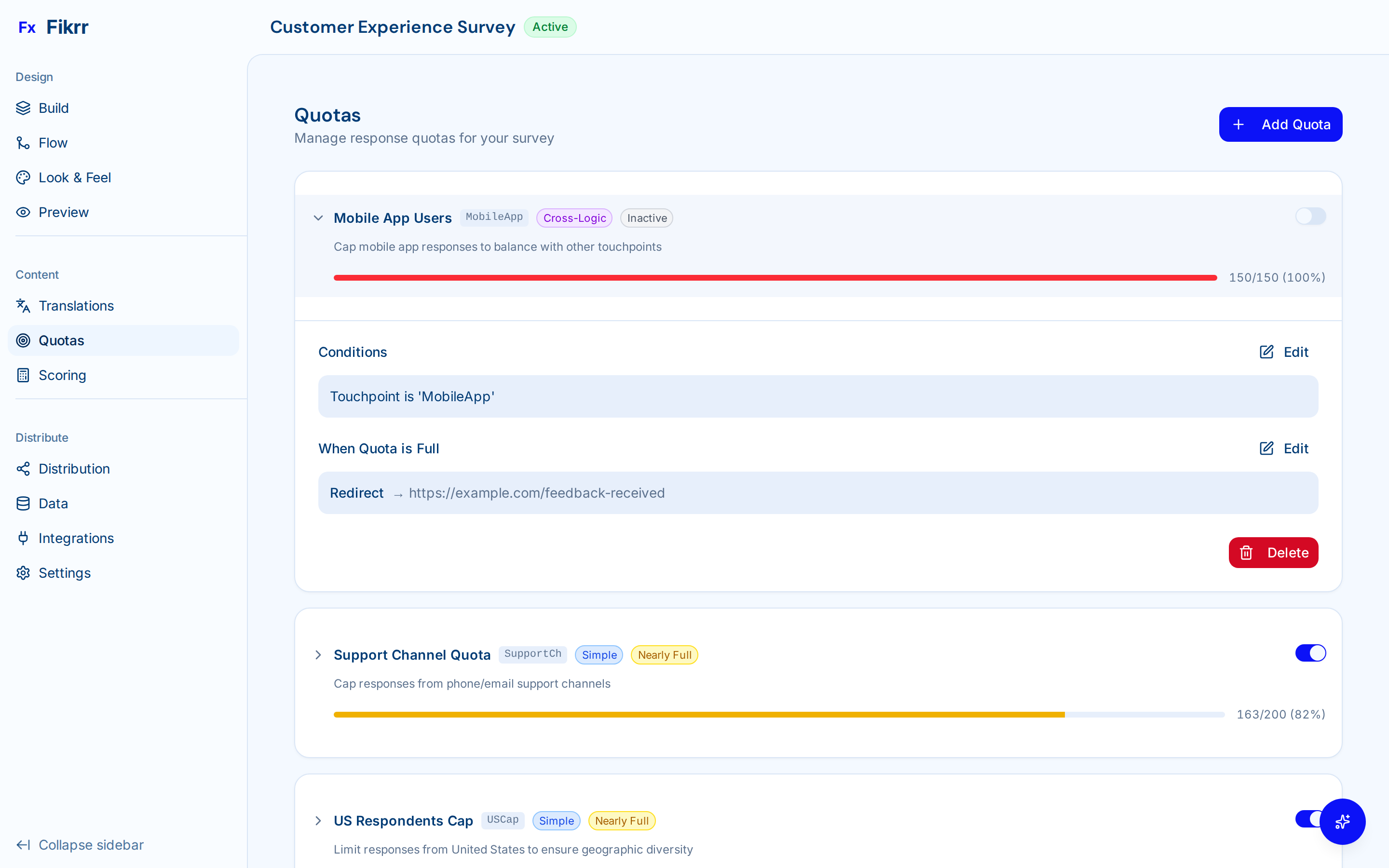 Survey builder with question types and logic — Quota management