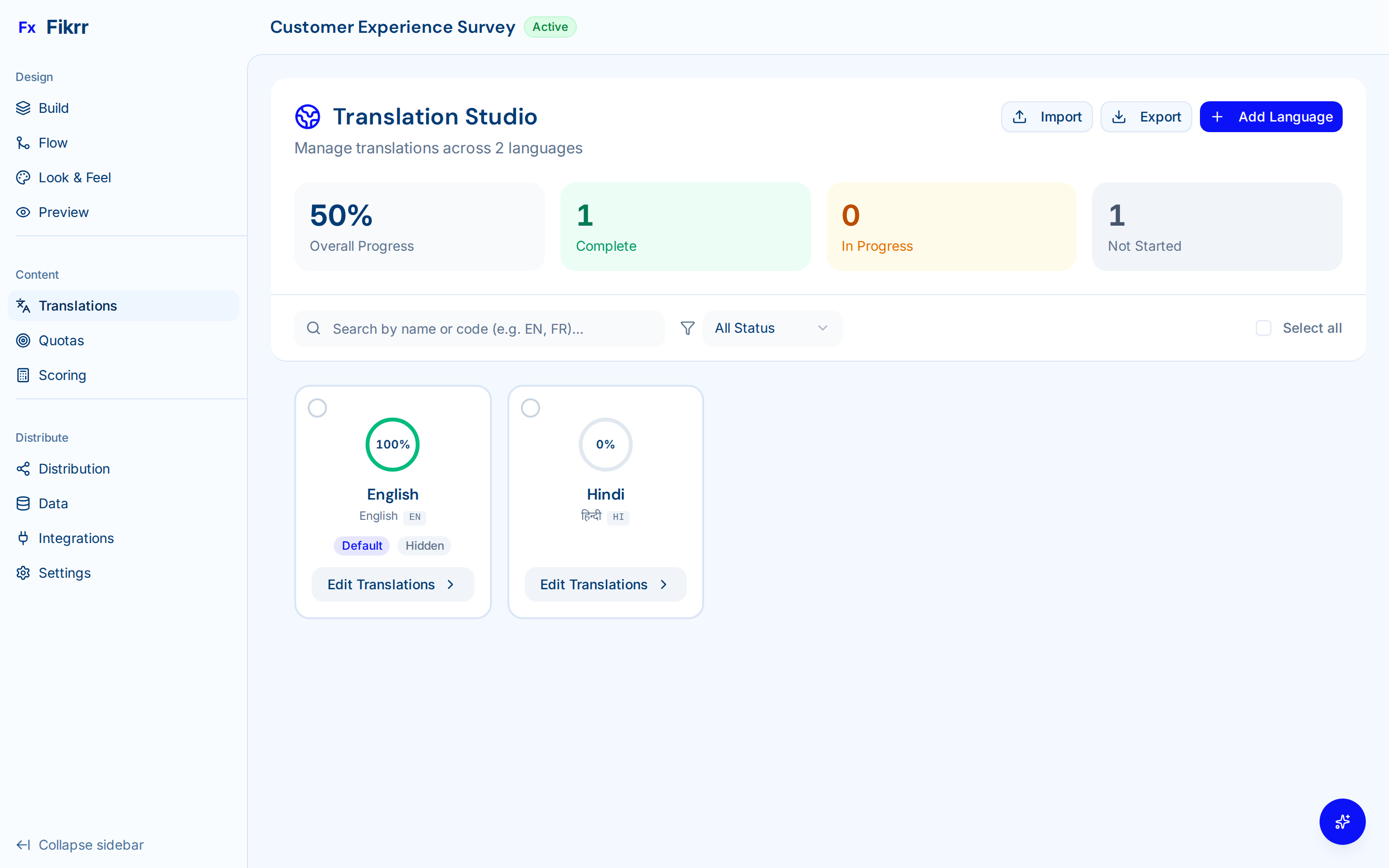Survey builder with question types and logic — Multi-language translations