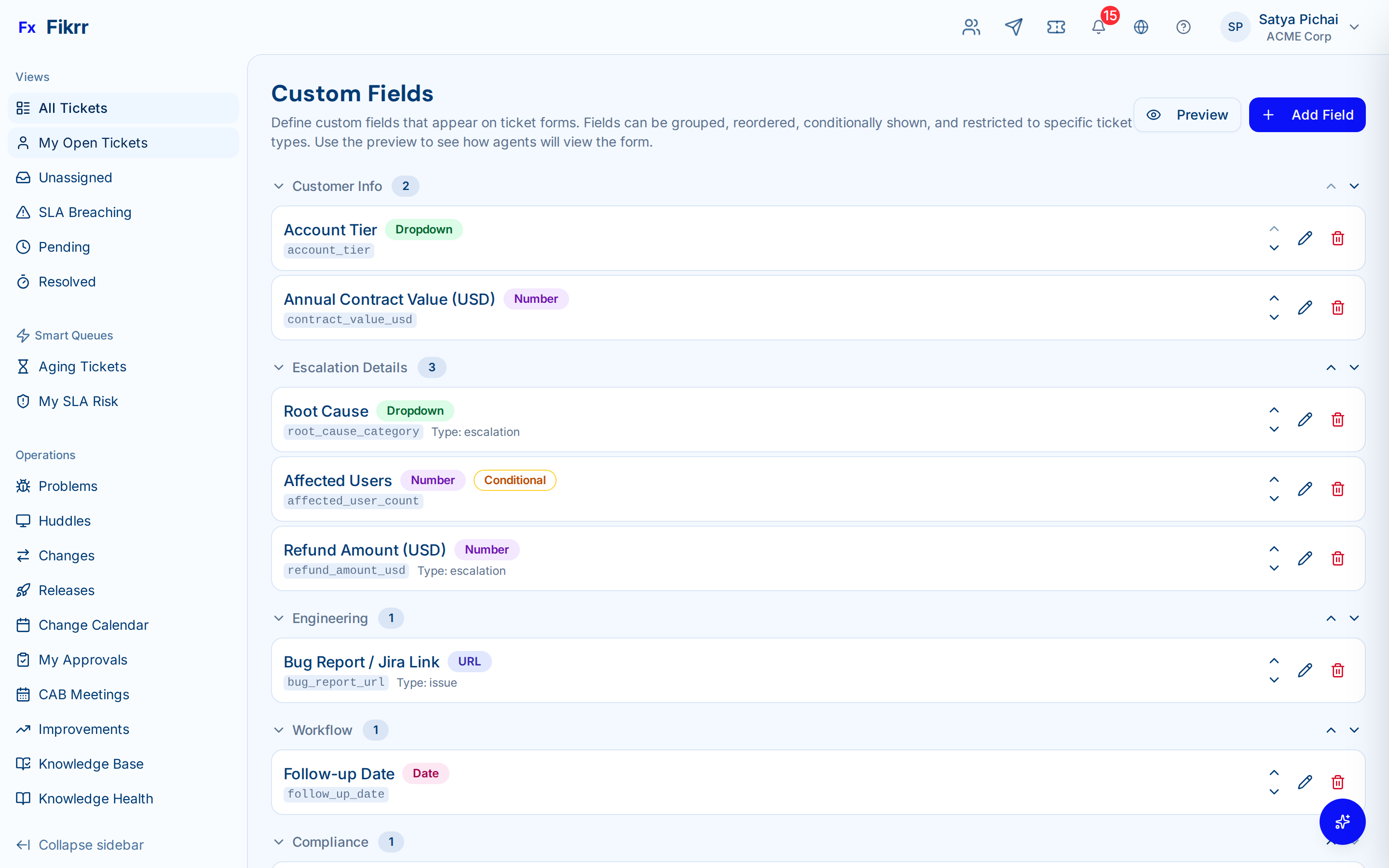 Ticket management dashboard with filters and status views — Custom fields