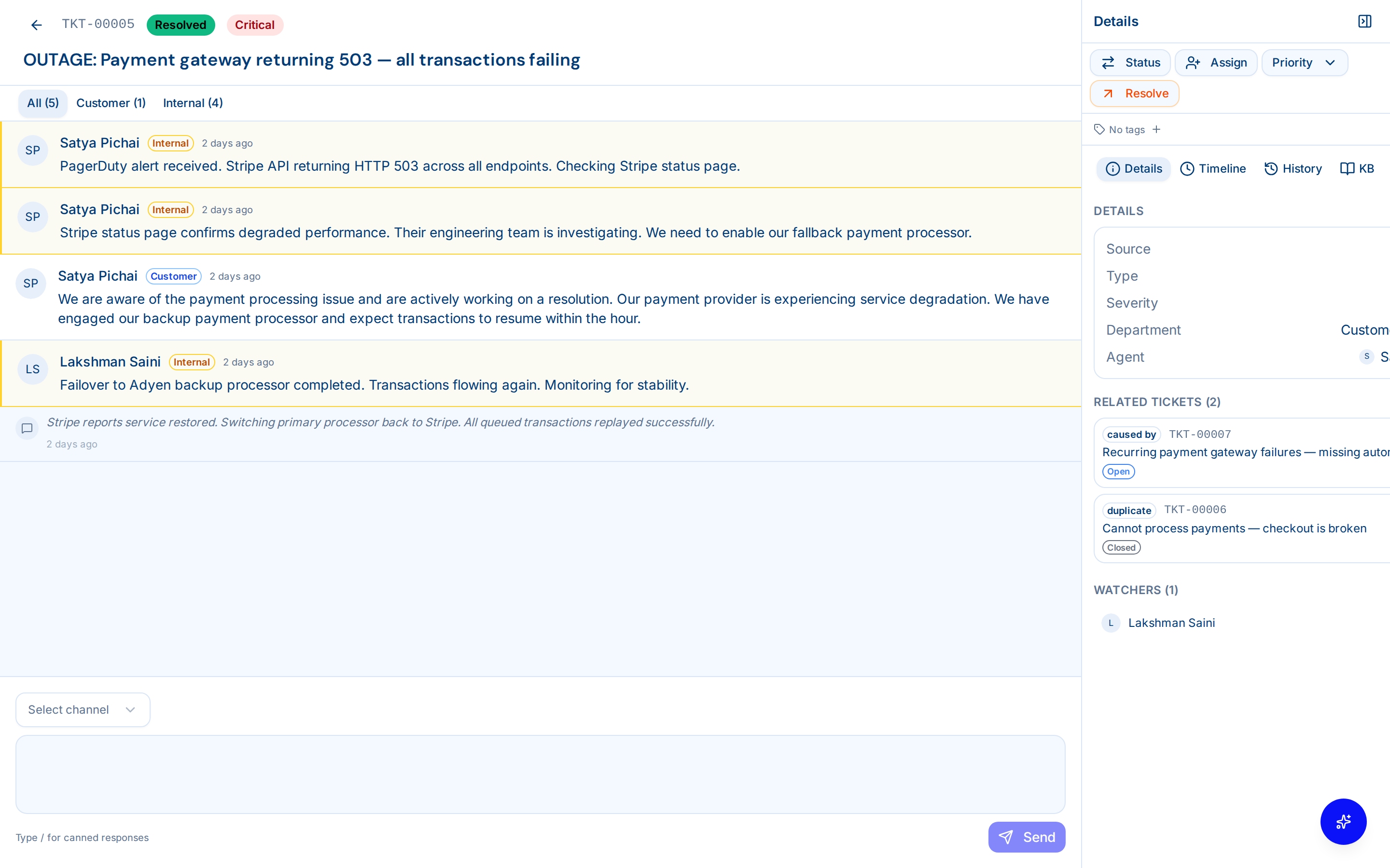 Ticket management dashboard with filters and status views — Ticket detail